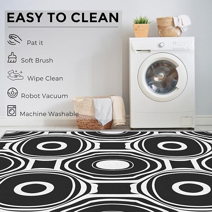 Black and White Geometric Rugs for Home Decor, 5x8 ft, Ring Circle Area Rugs for Living Room, Soft Non Slip Washable Modern Abstract Carpet Bedroom Decorations Dt-Ghf-31