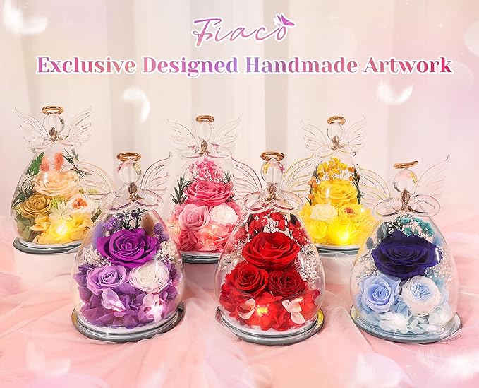Gifts for Mom Birthday Gifts for Women Preserved Rose Forever Flower in Glass Angel Figurines Fresh Flowers for Delivery Mothers Day Anniversary Real Colorful Roses for Grandma Her Wife from Daughter