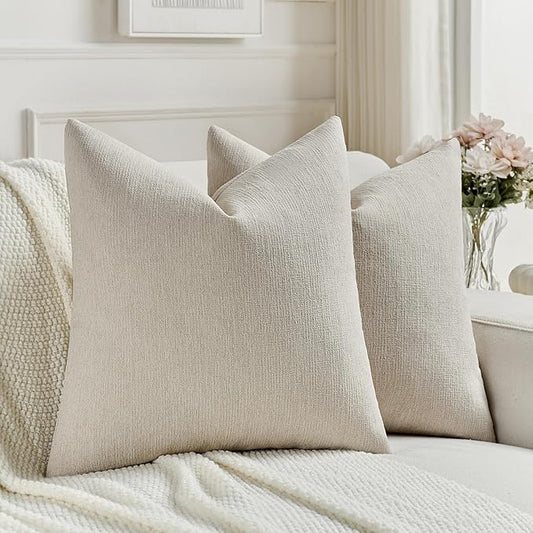 FUTEI Beige Chenille Decorative Throw Pillow Covers 24x24 Inch Set of 2,Soft Cozy Faux Linen Textured European Pillow Shams,Farmhouse Home Decor for Couch Living Room
