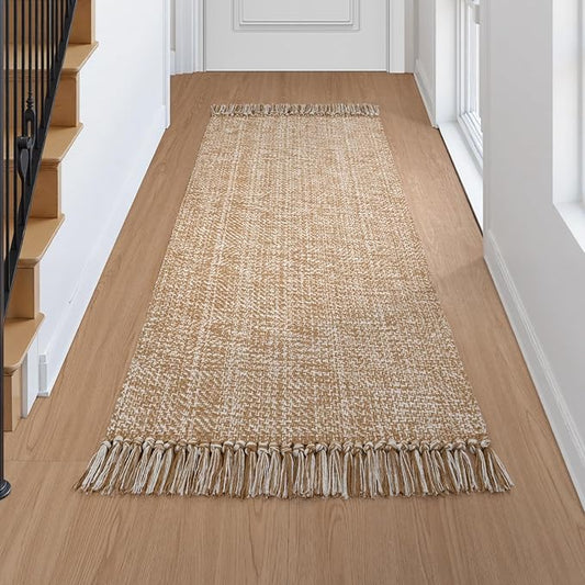 Collive Kitchen Runner Rug, 2' x 4.3' Hand-Woven Reversible Washable Rugs, Tan Cotton Modern Farmhouse Bathroom Mat Hallway Carpets for Foyer Bedroom Entry Back Door Decor