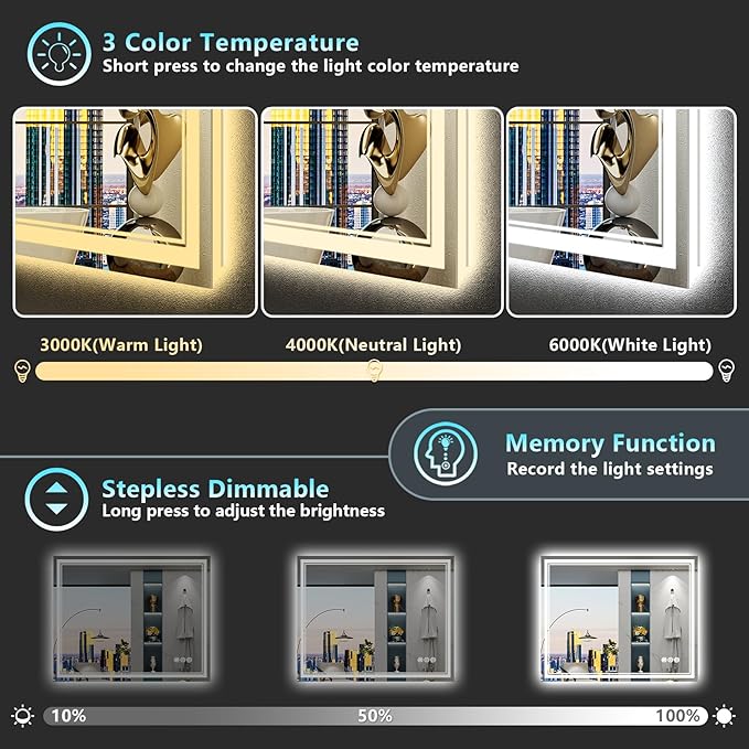 44x32 LED Bathroom Mirror with Lights, Backlit + Front Lit, Anti-Fog Lighted Vanity Mirror for Bathroom Wall with 3 Colors, Dimmable, Memory, Shatter-Proof Tempered Glass, Horizontal/Vertical