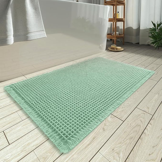 AMOAMI Upgraded Waffle Bath Mat, Super Absorbent Non Slip Bath Mats for Bathroom Floor, Machine Washable Bathroom Rugs with Tassels, Rubber Backed Bathroom Mats, Ultra Soft, 18" x 30", Sage