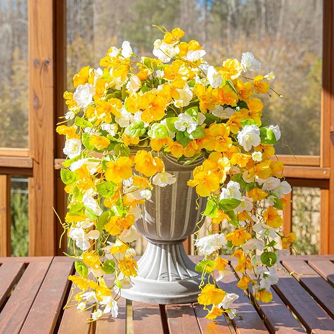 Fake Hibiscus Artificial Hanging Flowers Plants for Outdoors Spring Decoration, 2pcs Silk Hibiscus Vines Realistic UV Resistant Yellow Faux Flowers for Outside Planter Porch Patio Yard Wedding Party