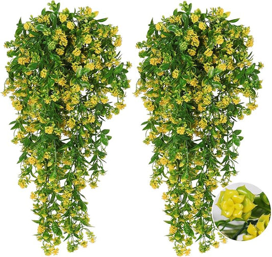 RECUTMS Hanging Plants Fake Vines Fake Hanging Plants Outdoor Greenery Faux Greenery 2Pcs Artificial Hanging Flower for Outdoors Hanging Basket Plastic Home Garden Wedding Party Decorations(Yellow)