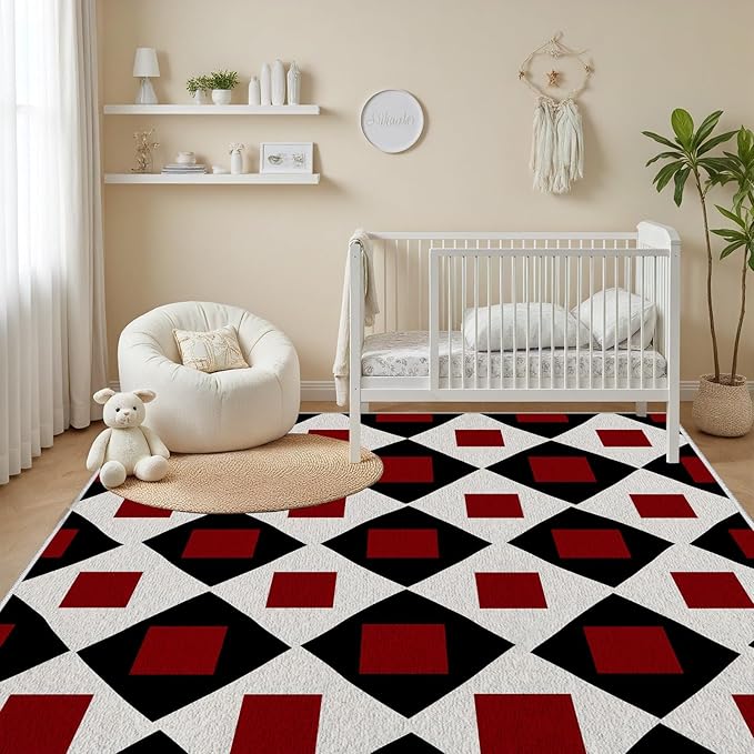Plaid Rug 3x4, Vintage Geometric Soft Ultra Soft Faux Wool Low Pile Rug, Indoor Floor Mats Carpet, Non-Slip Stain Resistant Washable Rugs, Modern Red Rugs for Living Room Home Office Decor