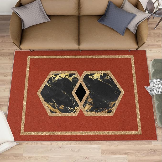 Abstract Marble Area Rugs Golden Hexagon Geometric Rug Vintage Red Marble Carpet European Medieval Geometry Carpet Mat for Bedroom Living Room 6x8ft