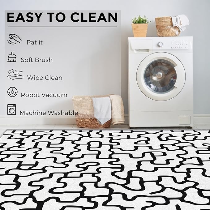 Abstract Geometric Rugs for Home Decor, 7x9 ft, Black and White Labyrinth Area Rugs for Living Room, Soft Non Slip Washable Modern Abstract Line Carpet Bedroom Decorations Dt-Ghf-31