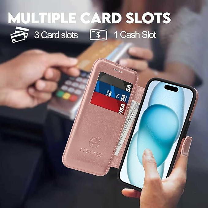 CIVICASE for iPhone 13/iPhone 14 Wallet Case with Stand,PU Leather Flip Credit Card Holder Slots (RFID Blocking),Compatible with Magsafe Magnetic Holder Phone Cover Women Men,Rose Gold