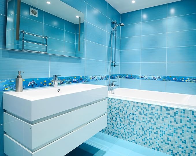 FLFK Peel and Stick Wallpaper Border Wall Decals for Kids Room - Under The Sea Fish Stickers Murals, 5" x 240" (Blue)