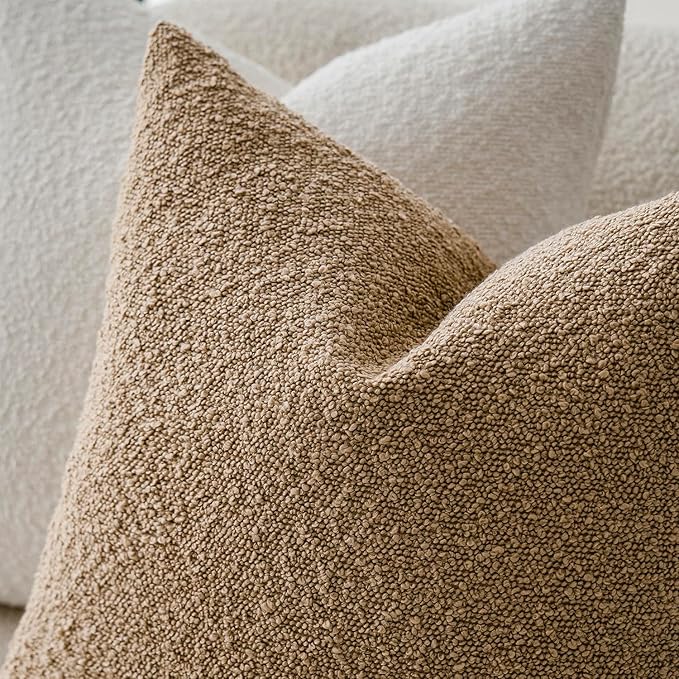 Foindtower Decorative Boucle Throw Pillow Covers Accent Solid Pillow Cases Cozy Soft Textured Couch Cushion Case for Chair Sofa Bedroom Living Room Home Decor 22 x 22 Inch,Taupe Khaki Camel