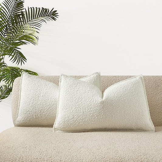 JUSPURBET White Decorative Pillow Covers 16x24 Set of 2 Throw Pillow Covers for Couch Sofa Bed Cozy Boucle Textured Lumbar Cushion Covers Cases with Hidden Zipper for Living Room Home Decor
