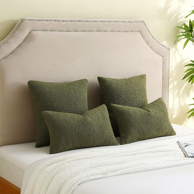 FUTEI Pack of 2 Moss Green Decorative Throw Pillow Covers 22x22 Inch Soft Cozy Solid Boucle Textured Cushion Case,Modern Home Decor for Couch Bed Living Room
