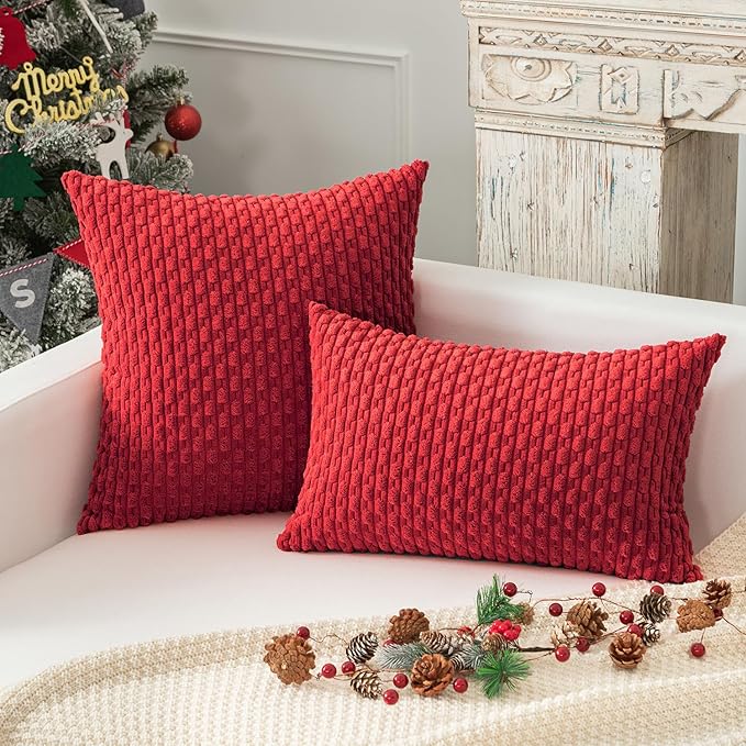 Kevin Textile Christmas Red Corduroy Decorative Throw Pillow Covers 24x24 Inch Pack of 2 Soft Boho Striped Pillow Covers Modern Farmhouse Home Decor for Autumn Sofa Living Room Couch Bed