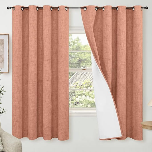 Lajode 60 Inch Wide Linen Blackout Fall Curtains for Bedroom, Terracotta Curtains 63 Inch Long 2 Panels, Total Black Out Thermal Insulated Energy Saving Boho Window Drapes, 60x63 Inch 2 Panels