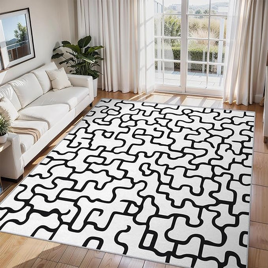 Abstract Geometric Rugs for Home Decor, 4x5 ft, Black and White Labyrinth Area Rugs for Living Room, Soft Non Slip Washable Modern Abstract Line Carpet Bedroom Decorations Dt-Ghf-31