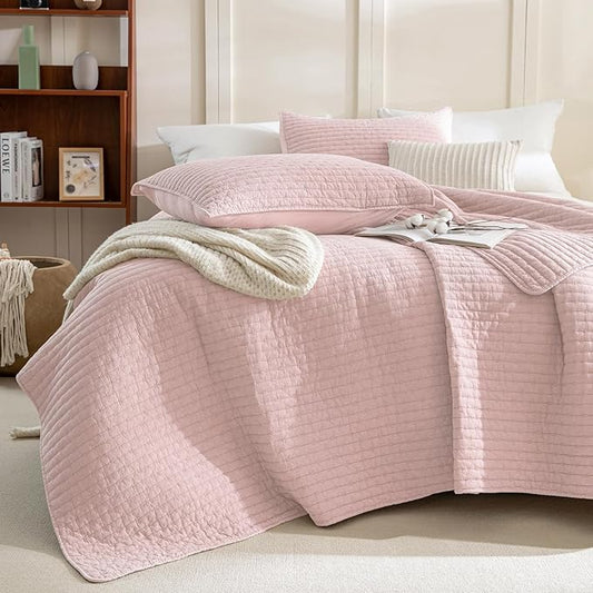 Sanracie Stonewashed Cotton Coverlet Oversized King(120"x120"), Light Pink Cross Stitch Pattern California King Quilt Sets 3Pcs Ultra Soft Lightweight Crinkle Bed Coverlet Set for All Season