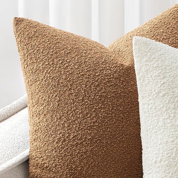 Woaboy Pack of 2 18x18 Inch Decorative Boucle Throw Pillow Covers Textured Square Pillowcaes Accent Solid Cozy Soft Cushion Covers Home Decor for Sofa Couch Living Room Home Decor,Brown