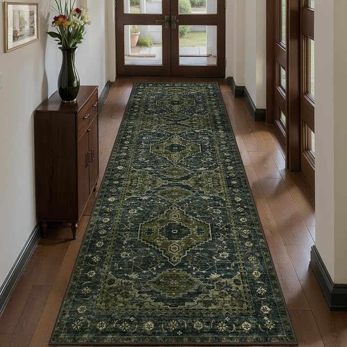Tangsoo 2.6x10 Washable Hallway Runner Rug, Non Slip Vintage Runner Rug for Hallways, Soft Low Pile Long Rug Runner, Print Distressed Carpet Runners for Kitchen Bedroom Entryway Living Room Green