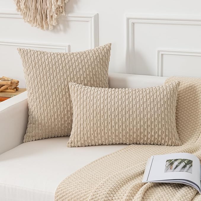 Kevin Textile Euro Sham Pillow Covers 28x28 Inch 2 Packs Soft Boho Striped Corduroy Decorative Throw Pillows for Living Room Couch Bed Sofa Rustic Farmhouse Home Decor 71x71cm Beige