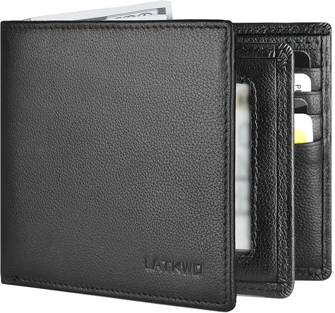 LATKWO Mens Wallet - Genuine Leather Bifold RFID Blocking Slim Front Pocket Large Capacity with 10 Card Slots, 2 ID Windows & 2 Cash Pockets - Heavy Duty Stitched Gift for Men (Black)