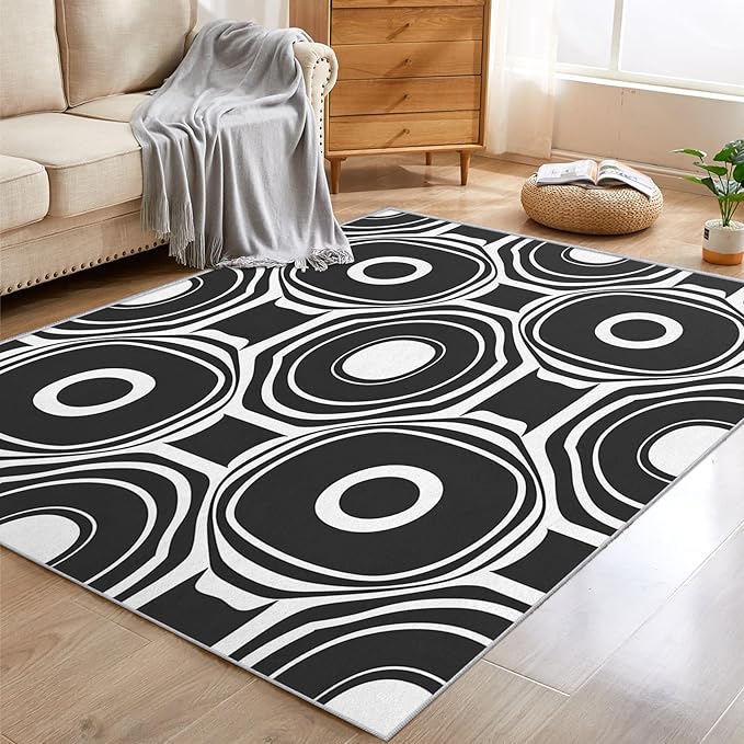 Black and White Geometric Rugs for Home Decor, 5x8 ft, Ring Circle Area Rugs for Living Room, Soft Non Slip Washable Modern Abstract Carpet Bedroom Decorations Dt-Ghf-31