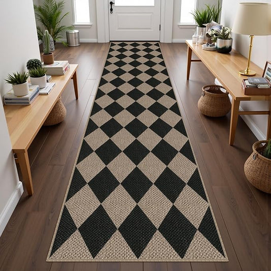 Easy Jute Checkered Runner Rug, 2.6x10 Black Modern Washable Rugs Runner for Hallway Non-Slip Kitchen Runner Rug, Geometric Diamond Indoor Outdoor Carpet for Porch Laundry Entryway