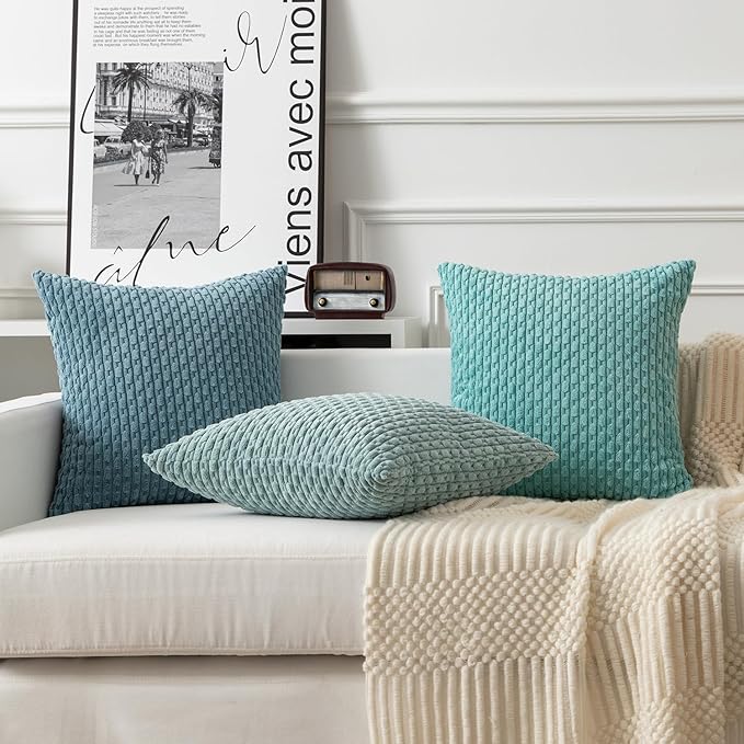 Kevin Textile Throw Pillow Covers Soft Corduroy Decorative Set of 2 Boho Striped Pillow Covers Pillowcases Farmhouse Home Decor for Couch Bed Sofa Living Room 24x24 Inch Blue Grey