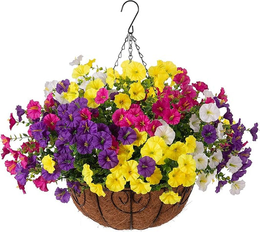 Artificial Fake Hanging Flowers with Basket for Outdoors, Faux Petunias Flowers Fake Hanging Plants with Eucalyptus Realistic UV Resistant for Outside Patio Garden Porch Balcony Yard Decor(4 Colors)