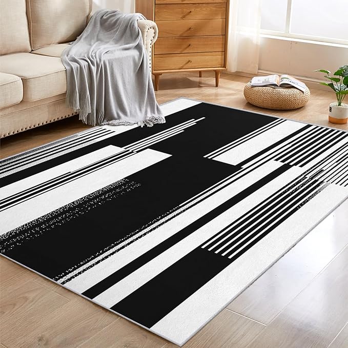 Black and White Stripe Rugs for Home Decor, 7x9 ft, Modern Stripes Area Rugs for Living Room, Soft Non Slip Washable Abstract Striped Carpet Bedroom Decorations Dt-Ghf-31