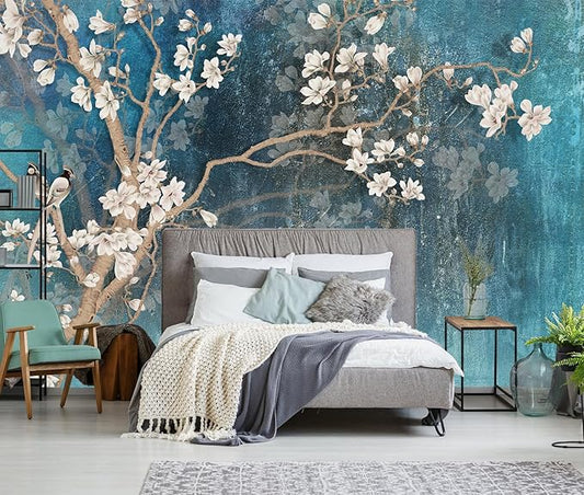 Vintage Flower Bird Wallpaper Magnolia Floral Wallpaper Mural Living Room Bedroom（Not Peel and Stick）