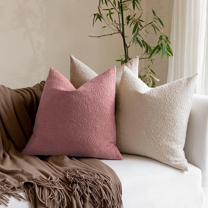 Boucle Decorative Throw Pillow Covers for Couch Set of 2, 20x20 inches, Pink