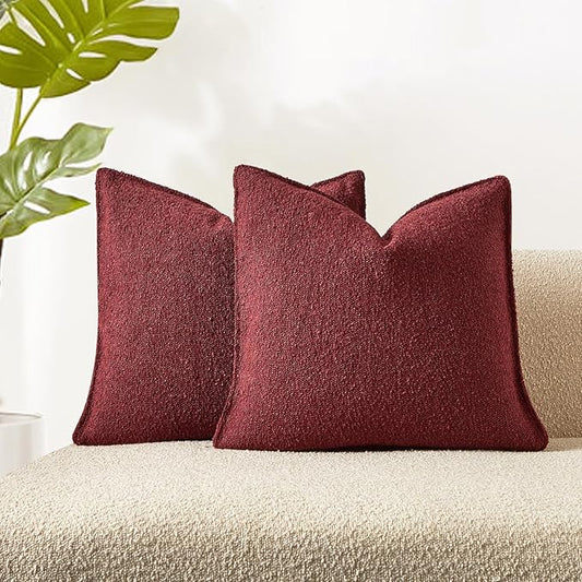 JUSPURBET 24x24 Throw Pillow Covers Set of 2 Decorative Pillow Covers for Couch Sofa Bed Cozy Boucle Textured Cushion Covers Cases with Invisible Zipper for Living Room Home Decor,Burgundy