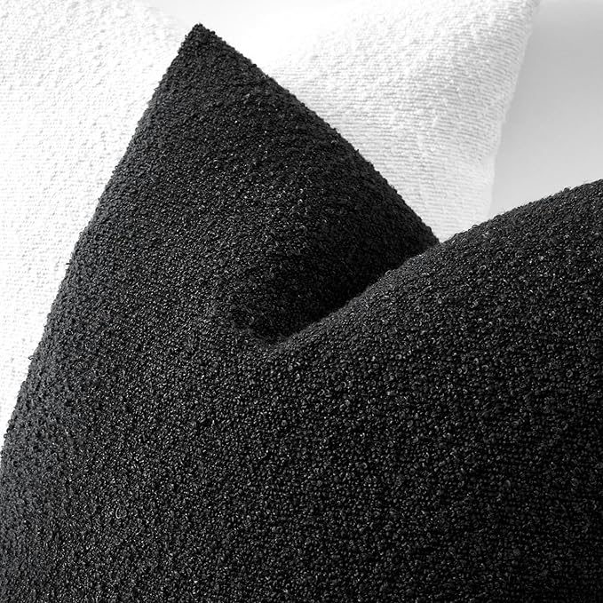 Boucle Decorative Throw Pillow Covers for Couch Set of 2, 24x24 inches, Black