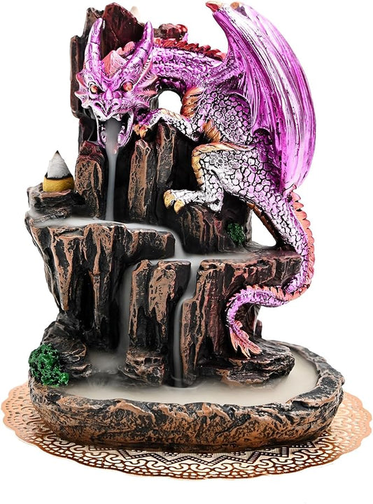 Dragon Backflow 2 Sided Mountain Waterfall Incense Burner,Fountain Smoke Incense Holder with Backflow Incense Cones, Tweezers, Mat，Resin Aromatherapy Meditationvaiuk (Purple)