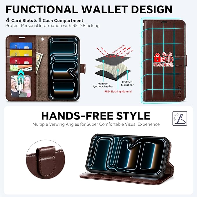 TUCCH 2-in-1 Detachable Wallet Case for iPhone 17 Pro (6.3-inch) 2025, Wireless Charging | RFID Blocking 4 Card Holders | Wrist Strap | Kickstand | Magnetic | PU Leather Folio Cover | Chocolate Brown