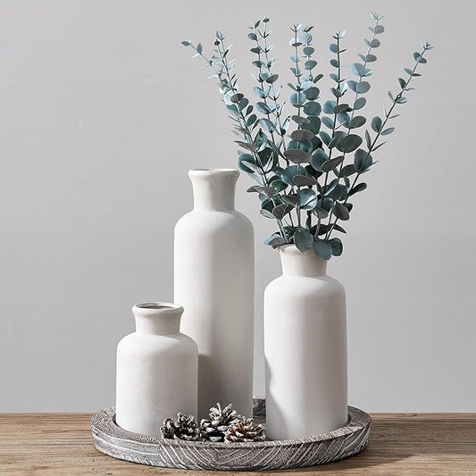 LUKA Ceramic Vase Set of 3,Decorative Terracotta Vases for Home Decor,Rustic Pottery Vase for Your Bedroom,Office,Living Room,Fireplace,Bookshelf （10+7.5+5 Inch） (Antique-White)
