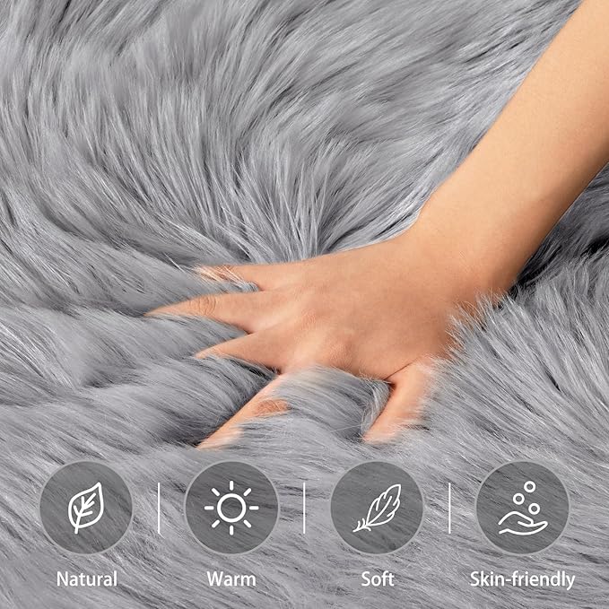 Ciicool Ultra Soft Faux Sheepskin Fur Rug Fluffy Chair Rug for Sofa Couch Seat Cushion.Shaggy Furry Small 2x4 Grey Bedroom Fuzzy Carpet for Living Room Kid's Room Nursery Decor