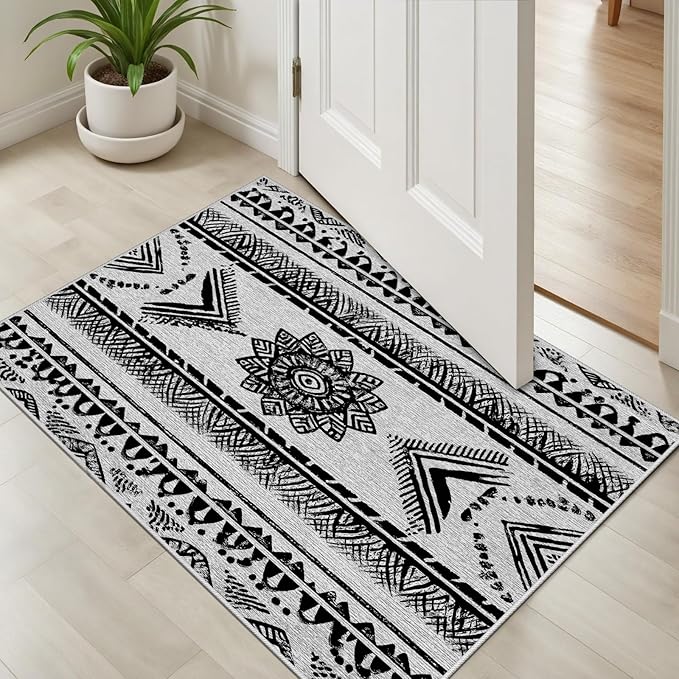 Area Rugs Moroccan for Living Room 7x9, Washable Non-Slip Boho Rug, Neutral Farmhouse Soft Carpet for Bedroom, Kitchen, Dining Room, Entryway, Geometric Print Tribal Carpets, Black and White