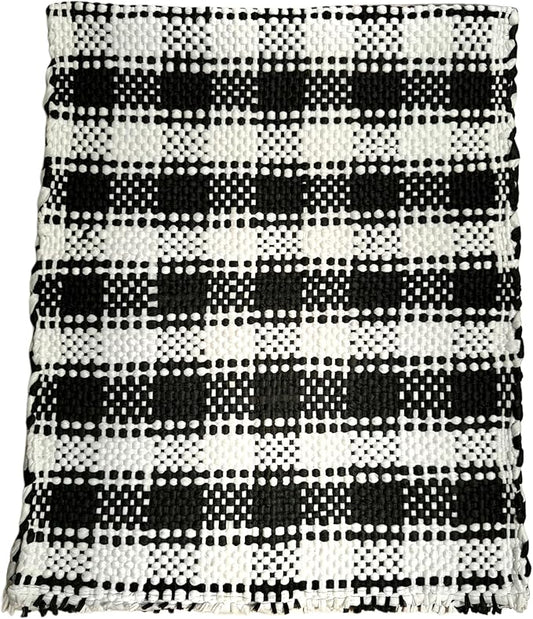 Handmade Mexican Chindi Rug-Colorful Washable Boho Rag Rug 5x2 ft Woven Runner for Kitchen, Bedroom, or Bath, Hippie Area Mat with Tassels, Mexican Style Floor Carpet-Rustic (Checkered Light)