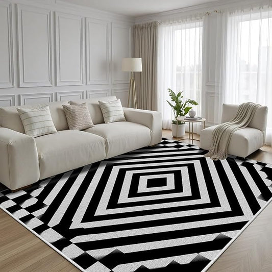 Black and White Rug 5x7, Checkered Soft Thin Indoor Floor Mats Carpet, Non-Slip Stain Resistant Washable Rugs, Modern Rhombus Geometric Rugs for Living Room, Farmhouse Rug