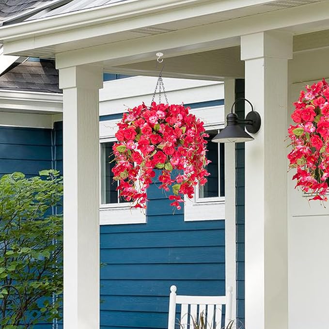 Fake Hibiscus Artificial Hanging Flowers Plants for Outdoors Spring Decoration, 2pcs Silk Hibiscus Vines Realistic UV Resistant Red Faux Flowers for Outside Planter Porch Patio Yard Home Wedding Party