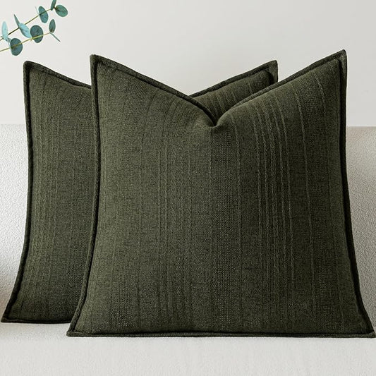 a moment Linen Pillow Covers Set of 2,Boho Farmhouse Throw Pillowcases Neutral Textured Decorative Covers for Couch Sofa,Linen Blend Accent Case Cushion Living Room Home Decor 26"x26"Dark Green