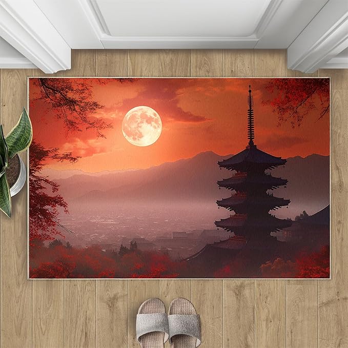Japanese Style Area Rug 4x5 Washable Rug Red Maple Leaves Rugs for Living Room Sunset Scene Non Slip Carpet Floral Print Mat Bedroom Bathroom