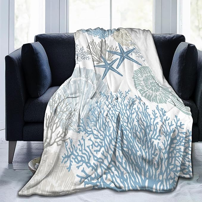 Nautical Coastal Blanket Starfish Seashell Coral Beach Themed Throw Blankets Gifts for Adults Sea Ocean Theme Lightweight Soft Fleece Cozy for Sofa Couch Bed Room Birthday Decor 60x80in