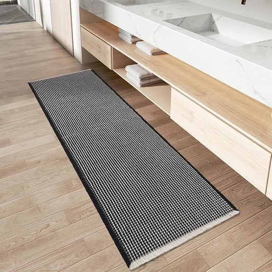 AMOAMI Upgraded Waffle Runner Rug Super Absorbent Non Slip Bath Mats for Bathroom Machine Washable Bathroom Runner Rug with Tassels, Ideal for Hallway Bedroom Laundry Room, 2' x 5', Black & Cream