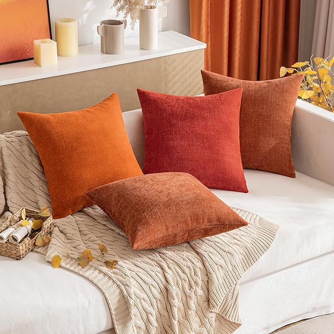MIULEE Pack of 2 Decorative Throw Pillow Covers Soft Chenille Throw Pillows Solid Textured Cushion Covers for Couch Sofa Bedroom Living Room 20x20 Inch, Dark Rust