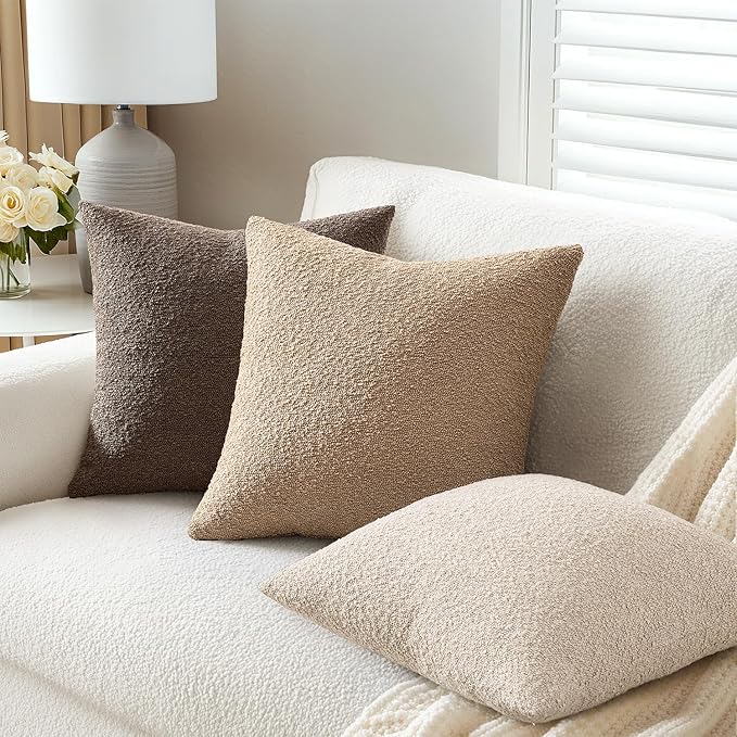 ANRODUO Pack of 2 Textured Boucle Throw Pillow Covers Soft Beige Euro Decorative Accent Solid Pillow Cases Cozy Modern Couch Cushion Case for Chair Sofa Bedroom Living Room Home Decor, 26 x 26 Inch