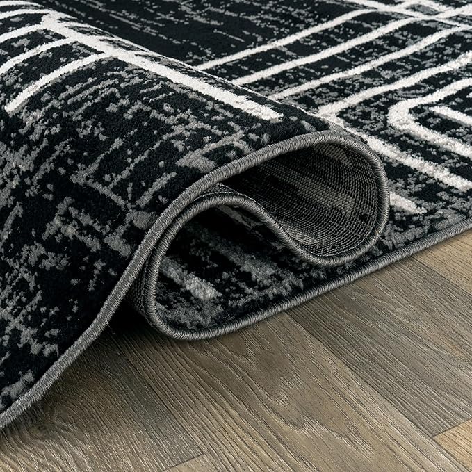 Rugshop Black and White Geometric Area Rug – Abstract Curved Line and Square Pattern Carpet for Living Room, Bedroom, or Office – Contemporary Soft Floor Décor 2' x 3' Black
