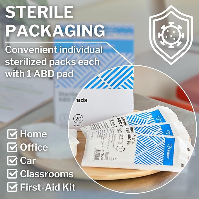 CareStock Abdominal Pads 5x9 in [400-Pack] Sterile ABD Pads, Extra Absorbent, Individually Wrapped, Wound Care First Aid, 20 Count, Pack of 20