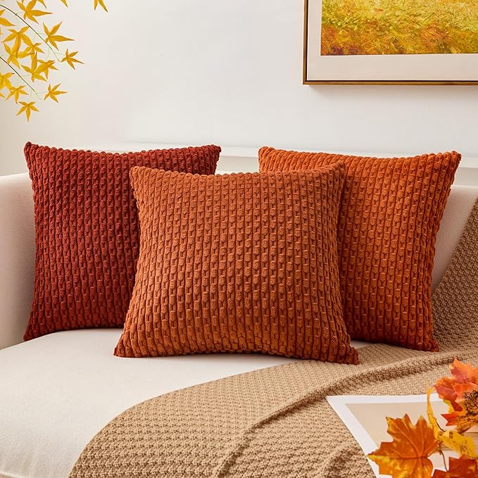 Kevin Textile Fall Throw Pillow Covers Soft Corduroy Decorative Set of 2 Boho Striped Pillow Covers Pillowcases Farmhouse Home Decor for Couch Bed Sofa Living Room 16x16 Inch Rust Brown